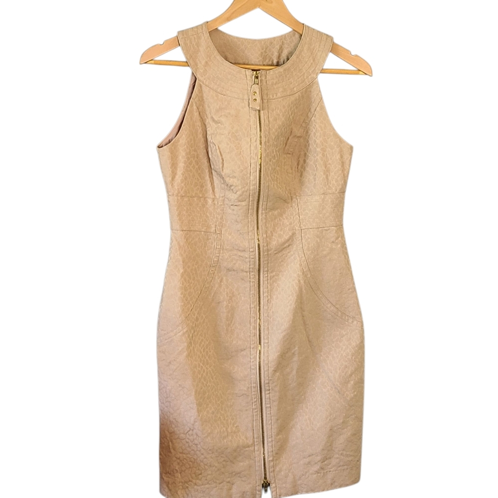 Muse Beige Textured Dress with Gold Zipper Size 6 Business Bodycon Minimalist